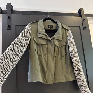 Ella Moss Green and Black Utility Jacket with Patterned Sleeves
